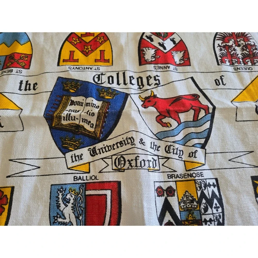 Ulster Vintage Irish Linen Tea Towel Arms of the Colleges of Oxford Ireland Made
